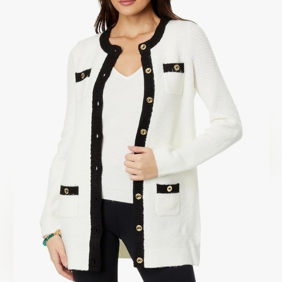 Lilly Pulitzer *Flawed* Davison Button Up Sweater Black,Cream Size Medium - Picture 2 of 16